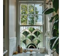 Green Art Deco Stained Glass Window Film - Self-Adhesive Privacy Window Film for Bathroom, Kitchen, Front Door - Water-Resistant Decorative Vinyl - Light Filtering Fan Pattern (55cm x 55cm)