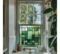 Green Art Deco Stained Glass Window Film - Self-Adhesive Privacy Window Film for Bathroom, Kitchen, Front Door - Water-Resistant Decorative Vinyl - Light Filtering Fan Pattern (45cm x 45cm)