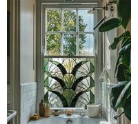 Green Art Deco Stained Glass Window Film - Self-Adhesive Privacy Window Film for Bathroom, Kitchen, Front Door - Water-Resistant Decorative Vinyl - Light Filtering Fan Pattern (30CM X 30CM)
