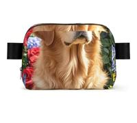 Green background skull and leaves Fanny Pack Crossbody Waist Bag Pack Waterproof Mini Belt Bag Bum Hip Bag for Men Women, Golden Retriever And Flowers, One Size