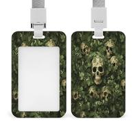 Green Background Skull and Leaves ID Badge Holder Waterproof Card Protector Push-Pull Slot Work ID Card Holder with Lanyard Personalized Detachable Card Holders for Office Corporate Use