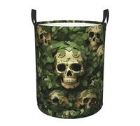 Green background skull and leaves Laundry Hamper with Handle Waterproof Collapsible Laundry Basket Circular Dirty Clothes Hamper Lightweight Storage Basket for Bathroom Bedroom Car Small