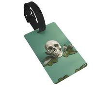 Green Background Skull and Leaves Luggage Tags for Suitcases, PVC Suitcase Tag with Secure Strap Suitcase Identifier with Privacy Name Card for Travel Bag Tags Personalized Baggage Tag for Women Men