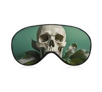 Green Background Skull and Leaves Sleep Mask Light Blocking Eye Cover Polyester Eye Mask with Elastic Strap Blindfold for Side Sleeper Sleeping Masks Face Hugging for Women Men Travel