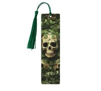 Green Background Skull and Leaves Wood Bookmark for Book Lovers Birthday Teachers Gift, Handmade Craft Book Marks Ornaments with Tassel Exquisite Reading Page Markers for Men Women