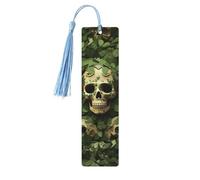 Green Background Skull and Leaves Wood Bookmark for Book Lovers Birthday Teachers Gift, Handmade Craft Book Marks Ornaments with Tassel Exquisite Reading Page Markers for Men Women