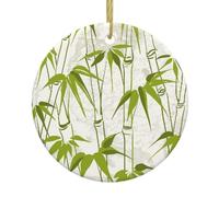 Green Bamboo Nature Plant Christmas Ceramic Ornament,Double-Sided Printed Round Bauble With Gold String,Unique Dual-Face Design For Xmas Tree Home Festive Decor