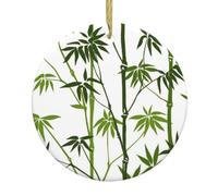 Green Bamboo Print Christmas Ceramic Ornament,Double-Sided Printed Round Bauble With Gold String,Unique Dual-Face Design For Xmas Tree Home Festive Decor
