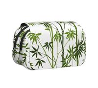 Green Bamboo Print Flip-Top Double-Layer Pencil Case,Large Capacity (Holds 50 Pens/Pencis),Full-Print Durable Polyester School Office Supplies