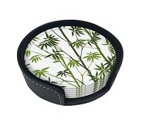 Green Bamboo Print Tropical Nature Plant Coaster,6 Pcs Leather Coasters, for Drinks Absorbent with Storage Box