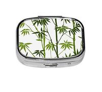 (Green Bamboo Print Tropical Nature Plant) Square Pill Box with 2 Compartment Small Pill Organizer Portable Pill Case Vitamin Containers, Travel Essentials 5.5x4x1.8 cm