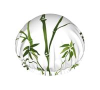 Green Bamboo Print Women Luxury Shower Cap, Double Protection Layers Elastic, Reusable Adjustable Shower Bonnet