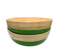 Green Bamboo Serving Bowls - Set of 2 Handcrafted Wooden Bowls for Pasta, Salad, Snacks & Fruit - Eco-Friendly, Durable & Lightweight - 20x6 cm - Glossy Green Finish