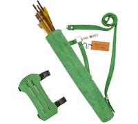 Green Bantoro Leather Archery Quiver with Matching Adjustable Arm Guard - Traditional Style Quiver and Elastic-Strap Forearm Bracer for Target Practice and Bowhunting