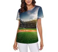 Green Baseball Field Backdrop Women's Short-Sleeve T Shirts Cute Comfy Elasticity Round Neck Summer Tops