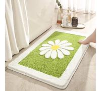 Green Bathroom Rugs, Daisy Cute Bath Mat, White Flower Bathmats, Soft Microfiber Bathroom Mat Non Slip Floor Carpet, Absorbent Machine Washable Floral Bathtub Rugs for Tub, Shower, Entry 16×24in