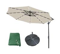 Green Bay 3M Solar LED Banana Parasol with Base and Cover | Crank, Tilt, Cantilever Umbrella with Lights, UV Resistant, Adjustable, Outdoor Sun Shade, Garden, Pool, Beach, Patio