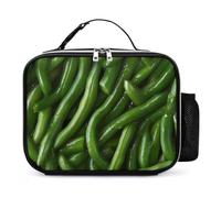 Green Beans Leather Insulated Lunch Bag Reusable Lunchbox Portable Tote Bags with Detachable Buckled Handle 21x27x9cm