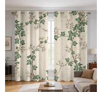 Green Beige Floral Curtains Blackout, 90x90 Inch 2 Panels | Vintage Flower Branch Pattern, Black Out Curtains, 90 Inch Drop, Eyelet, Window Drapes, Home Decor A&CY54