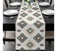 Green Beige Table Runner 18x72 Inches Long Aztec Ethnic Southwestern Native Geometric Cotton Linen Table Runner Burlap Style for Dinner Table Party Decor Tabletop Decorations