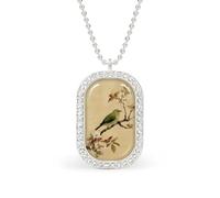 Green Bird on The Branch of Ancient Tree Rectangle Pendant Necklace Silver Women Jewelry Alloy Keychain Tag Jewelry