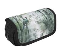 Green Bird Painting Pencil Case Organizer - Large Capacity 3 Compartment Pencil Pouch for Adults, Portable Makeup Bag & Aesthetic Stationery Bag with Zipper (8.7x4.3") Unisex Gift