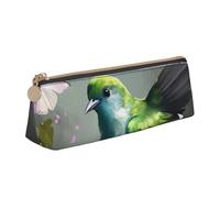 Green Bird Printed Triangle Leather Pencil Case for Girls Boys, Zipper Pencil Bag Pen Pouch Bag Organizer for Student School Office College