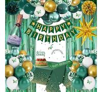 Green Birthday Decorations, Dark Emerald Green Party Decorations Kit with Happy Birthday Banner Tablecloth Curtain Sash Tiara Gold Star Champagne Foil Balloons for Women Girls Men Boys Party Decor