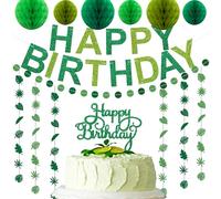 Green Birthday Decorations Pre-Strung Happy Birthday Banner with Honeycomb Balls Cake Topper Green Leaves Hanging Swirls Circle Dots Garland