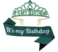 Green Birthday Sash & Rhinestone Tiara Set | It’s My Birthday Crown for Women, 18th 21st 30th 40th 50th Birthday Party Decor for All Ages