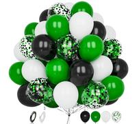Green Black Balloons, 60 pcs 12 Inch Matte Black White Green Confetti Latex Balloons with Ribbon for Boys Men Kids Birthday Baby Shower Football Soccer Wedding Sports Video Game Theme Party Decoration