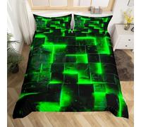 Green Black Bed Set 3D Glowing Buffalo Duvet Cover King Size Modern Abstract Art King Bedding Sets Geometric Plaid Comforter Cover, Gradient Futuristic Cubes Bed Set (Black Reversible)