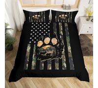 (Green Black, Double(No Comforter)) Homewish Hunting Bear Deer Comforter Cover Army Green Camo American Flag Bedding Set Double For Kids Boys Teen Men,Woodland Hunting Theme Duvet Cover