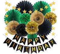 Green Black Gold Birthday Decorations with Happy Birthday Banner Hanging Paper Fans Pom Poms Gold Star Garlands for Men Women Green Black Birthday Decorations