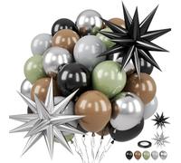 Green Black Gray Balloons, Sage Dark Dusty Green Black Brown Grey Metallic Silver Star Foil Balloons for Boy Men Birthday Party Baby Shower Graduation Decorations