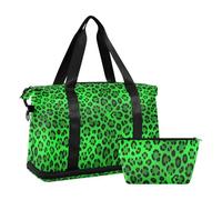 Green Black Leopard Print Travel Tote Bag with Wet Pocket Adjustable Strap Sports Gym Bag for Workout Foldable for men women