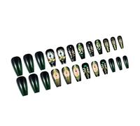 Green Black Square Long Coffin Press On Nails Full Covers Artificial Faux Nails With Vintage Clock Pattern Designs 24Pcs