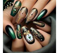Green Black Square Long Coffin Press On Nails Full Covers Artificial Faux Nails With Vintage Clock Pattern Designs 24Pcs