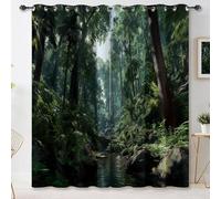 Green Blackout Curtain, Tropical Rainforest Trees Streams Print Thermal Insulated Curtain, 46 x 90 inch 2 Panels Eyelet Noise Reducing Natural Landscape Drapes for Bedroom Living Room Office
