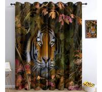 Green Blackout Curtains Eyelet, 46 x 54 Inch 2 Panels Thermal Insulated Window Treatment, Autumn Forest Tiger Cute Printed Noise Reducing Curtains for Bedroom and Living Room