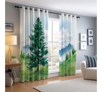 Green Blackout Curtains W 52" x L 84", Watercolor Mountains Meadows Trees printed curtains for bedrooms - Microfiber material for thermal insulation and energy saving Suitable for room 2 Panels