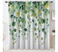 Green Blackout Curtains with Eyelets, Watercolor Drooping Leaves Simple Printed Thermal Insulating Darkening Curtains for Bedroom & Living Room, Heat Blocking, Noise Reduction, 2 Panels 66 × 72 Inch