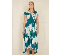 Green Blossom Print Wrap Midi With Dipped Hem Yumi Green 12