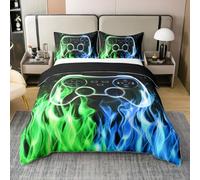 Green Blue Flame 100% Cotton Duvet Cover Double Size,Video Games Bedding Set 3Pcs for Kids Boys Women Room Decor,3D Gaming Fire Comforter Cover Modern Fashion Quilt Cover,2 Pillowcases