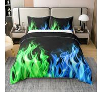 Green Blue Flame Bedding Sets Super King,Cool Burning Flames 100% Cotton Duvet Cover 3Pcs for Girls Boys Women Room Decor,3D Fire Games Comforter Cover Modern Fashion Quilt Cover,2 Pillowcases