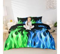 Green Blue Flame Duvet Cover Set Double Size,Cool Burning Flames Bedding Sets 3Pcs for Kids Girls Boys Adult Room Decor,3D Fire Games Quilt Cover Modern Fashion Comforter Cover,2 Pillowcases