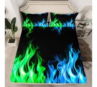 Green Blue Flame Fitted Sheet King Size,Cool Burning Flames Bedding Sets 3Pcs for Girls Boys Adult Room Decor,3D Fire Games Bed Sheets Modern Fashion Deep Pocket Sheet,2 Pillowcases