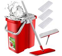 Green Blue Flat Mop and 2-in-1 Bucket 8L Mop Set Mop Floor Mop Cleaning System Cleaner (Flat Mop and Bucket Set + 3 x Replacement Covers)