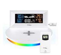 Green Blue GB213 Wireless Weather Station with Wireless Qi Charger Mood Light Base Weather Forecast Calendar Alarm and Snooze External Sensor Indoor and Outdoor Thermometer Color Display
