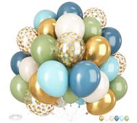 Green Blue Gold Balloons, 12 Inch Dusty Blue and Sage Green Balloons Set, Teal Blue and White Sand Balloon Metallic Gold Star Confetti Balloon for Girls Boho Birthday Baby Shower Wedding Party Decor